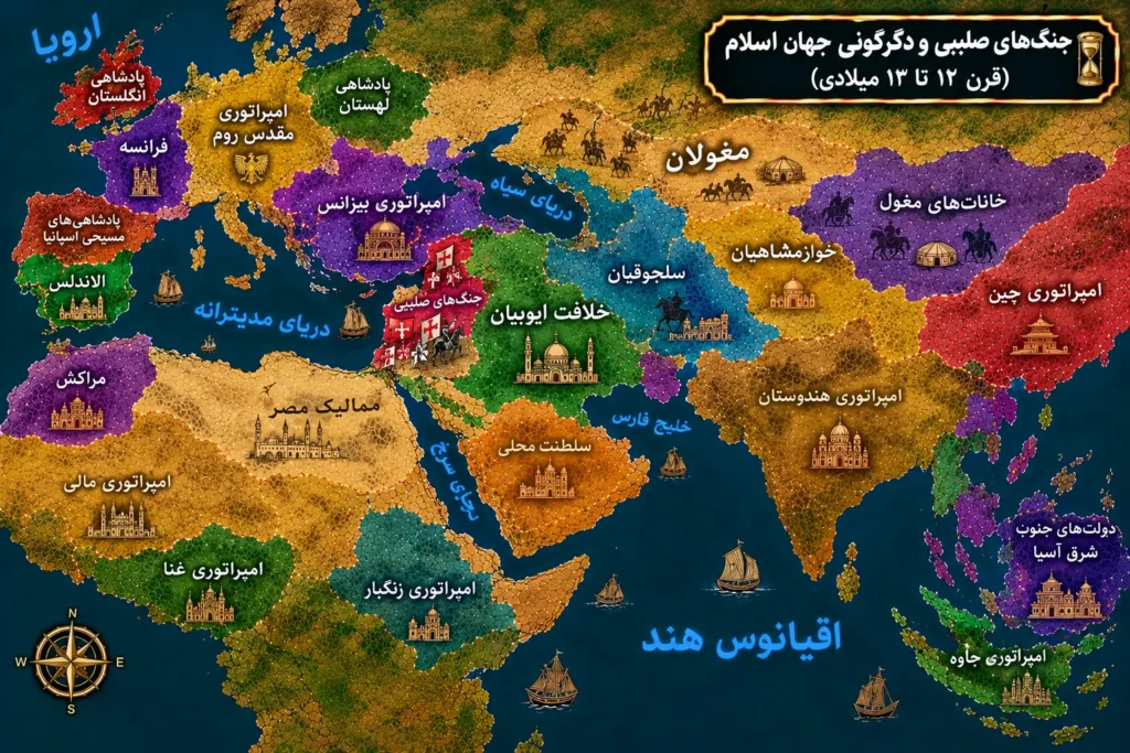 نقشه جنگ های صلیبی و دگرگونی جهان قرن 12 و 13 میلادی