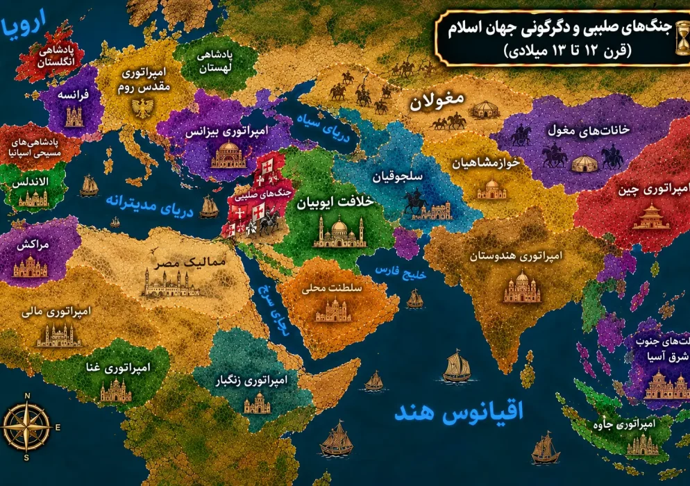 نقشه جنگ های صلیبی و دگرگونی جهان قرن 12 و 13 میلادی