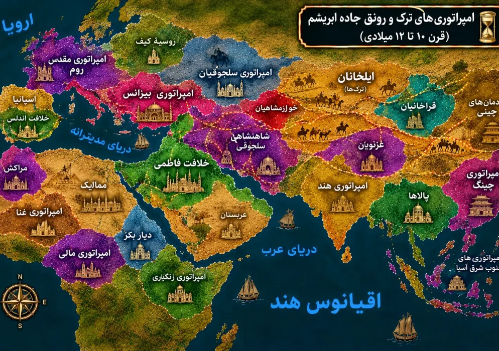نقشه قرن 10 تا 12 میلادی امپراتوری‌های ترک و رونق جاده ابریشم